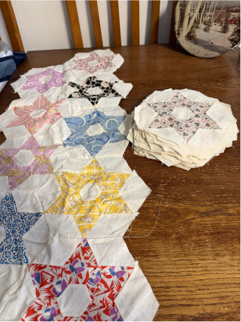 45 Vintage Hand Stitched 8 Point Star Quilt Blocks Unfinished Cotton